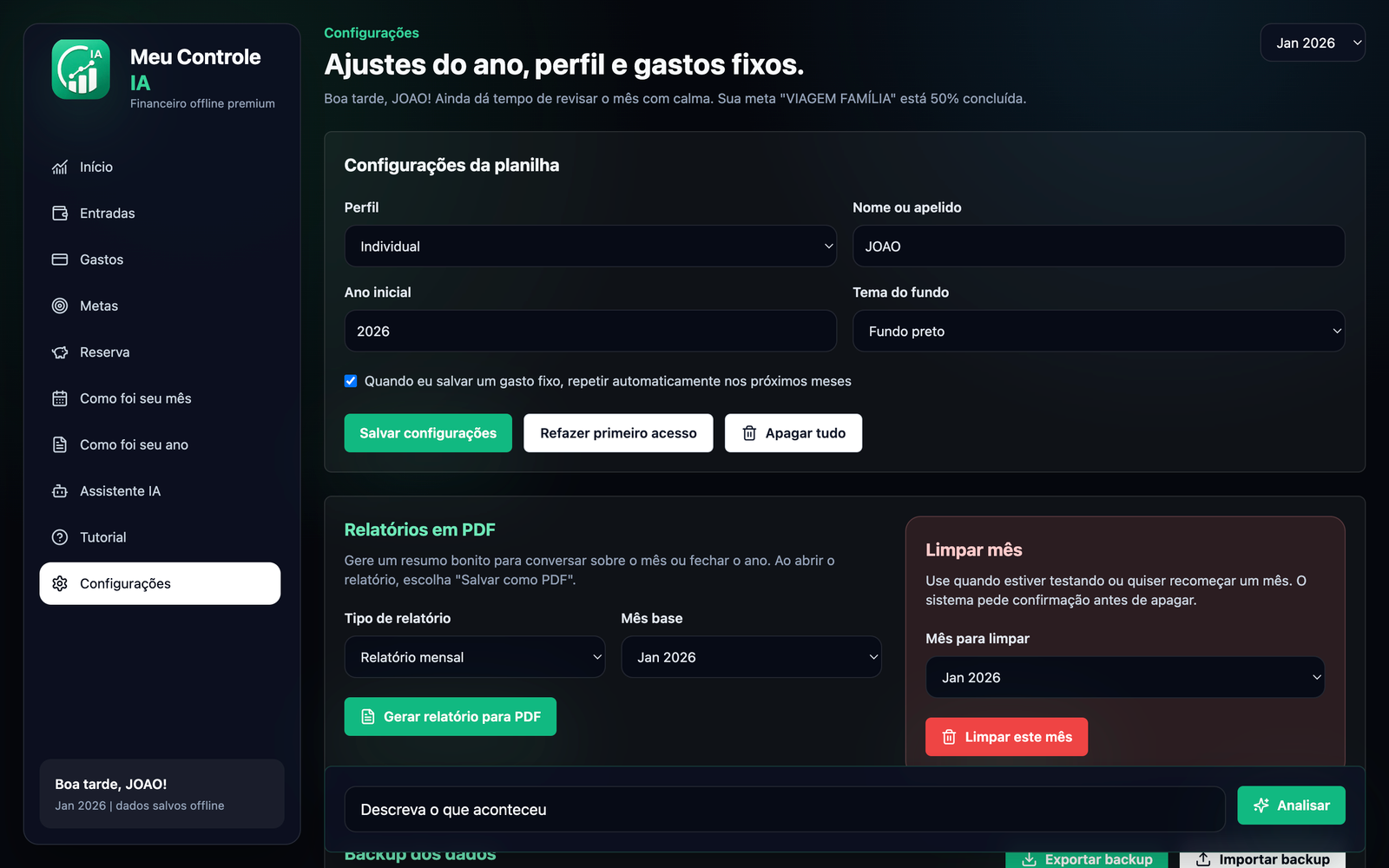 Aba de configurações com perfil, tema, ano inicial, relatórios, limpar mês e backup