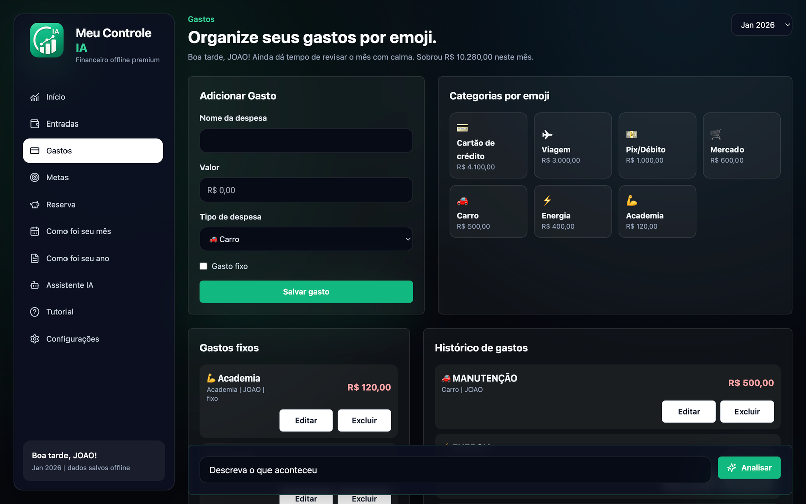Aba de gastos com formulário, categorias por emoji, histórico e gastos fixos